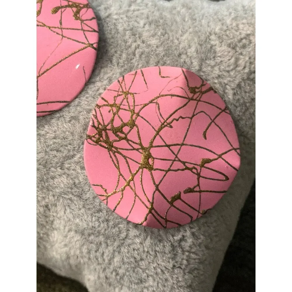 Vintage pink and gold enamel disc earrings splatter paint look